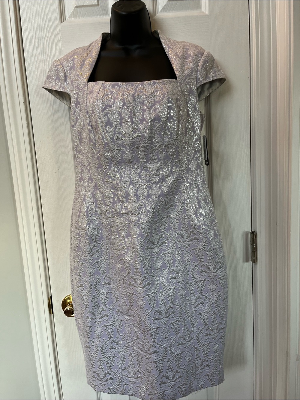 Shimmer Lace Midi Dress with Bolero Sleeves and Neckline— Lavender and Silver